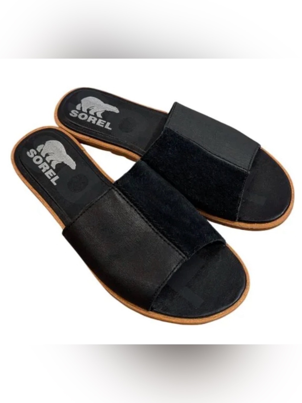 SOREL Ella II Block Slide Sandals 7 Black Leather Suede Slip-On Open Toe